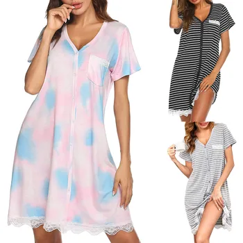 2021 Mados Sleepwear Moterų Laisvi Marškinėliai Naktį Suknelė Pižamą V-Kaklo Trumpomis Rankovėmis Juostele Sexy Nėrinių Namų Mini Suknelė Pižamos
