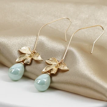 1 Pora Gėlė Dirbtinė Orchidėja Žalia Perlų Nėrimo Kabliuko Kabančios Moterų Mados Bohemiškas Stilius Aukso Dnagle Auskarų Vėrimo Papuošalai