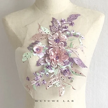 1pc Violetinė Žalia Rausva China Siuvinėjimo Tinklelio, 3D Gėlių Nėrinių Aplikacijos Pleistras Suknelė, Sijonas 39X25CM pasidaryk pats Apdailos Medžiaga Priedų