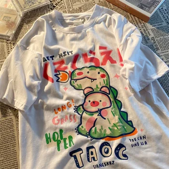 2 Spalvos Grynos Medvilnės Derliaus Japonijos Dinozaurų Animacinių filmų Grafika T Shirts O-kaklo Viršūnes Naujas Vasaros Paaugliams Harajuku Mados Streetwear