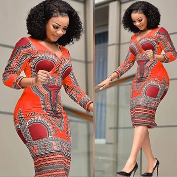2021 Afrikos Stiliaus Gėlių Spausdinti Retro Suknelė Moterims Elegantiškas Mados V-kaklo Bodycon Plius Dydis Midi Suknelė ilgomis Rankovėmis, Vestidos