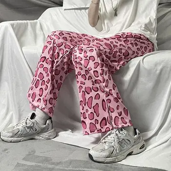 2021 kojų kelnės moteriška vasaros ins kepti gatvės pink leopard spausdinti tiesiai atsitiktinis kelnės prarasti bf aukštos juosmens, plonas kelnes tren