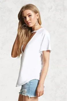 2021 m. Pavasario ir vasaros moters trumpas rankovėmis, krūtinės tuščiaviduriai sexy Hot Spot T-shirt Moterims, vientisos spalvos apvalios kaklo trumpomis rankovėmis T