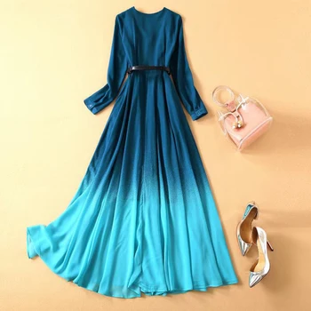 2021 m. pavasarį, rudenį moterys mėlyna suknelė su diržo maxi ilgas mėginio suknelės Gradiento spalvos elegantiškas office lady suknelė