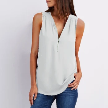 2021 marškinėliai moterims Naujos V-kaklo su užtrauktuku be rankovių prarasti šifono marškinėliai atsitiktinis karšto pardavimo marškinėlius moterims topai pagrindinio paprasta drabužių