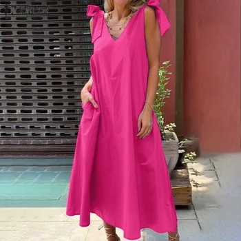 2021 Vasaros Elegantiškas Maxi Suknelė ZANZEA Tvarstis Linijos, Suknelės Atostogų V Kaklo Sundress Moterų Kietas Rankovių Vestidos