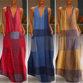 2021 Vintage Spalvos Siūlėmis Maxi Suknelė Moterų Vasaros Sundress Atsitiktinis Berankovis Bakas Vestidos Moterų, O Kaklo Skraiste Femme