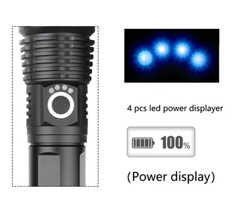 30000LM XHP50 LED Žibintuvėlis Zoomable 5 Režimai Žibintuvėlis atsparus Vandeniui Žibintuvėlis, USB Įkraunamas Žibintuvėlis Vertus Šviesos 18650 Baterija