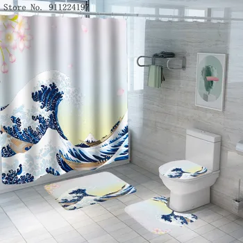 3D Jūros Bangų Modelį Dušo Užuolaidos Keturi Gabalas kiliminė danga Padengti Tualeto Dangčio Vonios Kilimėlis Japonijos Vonios Užuolaida Su 12 Kabliukų