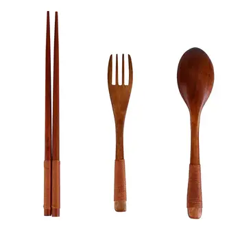 3pcs/Set Japonijos Derliaus Medinės Lazdelės Šaukštas Šakutė, Stalo reikmenys Naują Dovanų Bambuko ir maišelį, stalo įrankiai trijų dalių virtuvės įrankių L*5