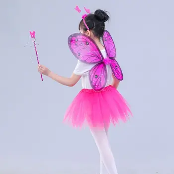 4Pcs Moterų, Mergaičių Pasakos Cosplay Kostiumų Nustatyti, LED Imituojamas Drugelio Sparno Nurodė Tutu Sijonas Lankelis Lazdele Princesė Šalis Dress Aukštyn