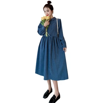 5887# 2021 m. Pavasarį korėjos Mados Velvetas Motinystės Ilga Suknelė Elegantiškas Laisvus Drabužius Nėščioms Moterims Nėštumo Šalis Suknelė