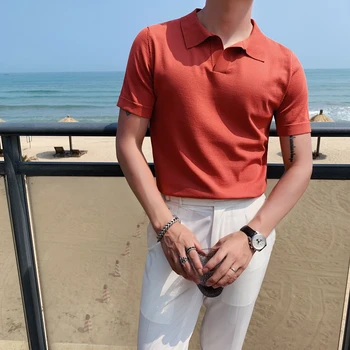 7Color Britų Stiliaus Paprastas Kietas Polo Marškinėliai Vyrams, Drabužiai 2021 Mados Pasukite Žemyn Apykaklės Slim Fit Atsitiktinis Megzti Marškinėliai Homme
