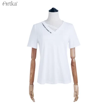 ARTKA 2021 m. Vasarą Naujosios Medvilnės Mados Laišką Siuvinėjimas V-Kaklo marškinėliai Prarasti trumpomis Rankovėmis Balti marškinėliai Moterims TD28012X