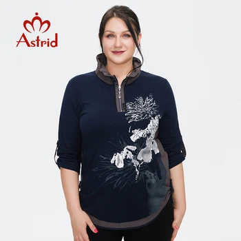 Astrid Nauji moteriški polo marškinėliai, Palaidinės 2021 Elegantiška Vintage drabužių Plius dydis Medvilnės spausdinti Stand-up apykaklės, Moterų topai moteris