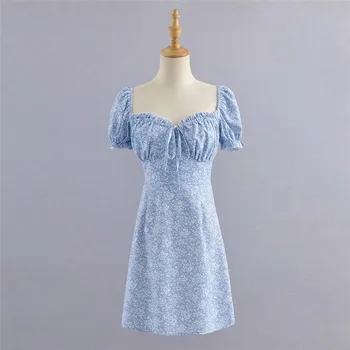 Atostogų Naujas Lankas Vasaros Suknelė Vintage Blue Gėlių Spausdinti Paplūdimys-Line Suknelė Plonas Moterų Mini Suknelė Plus Size Vestidos Seksuali Suknelė