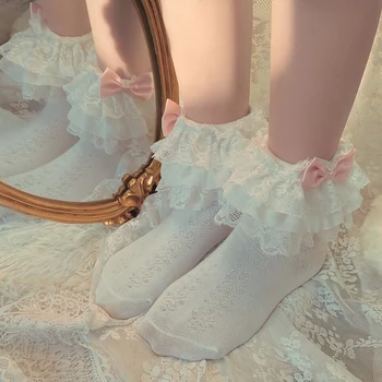 Aukštos kokybės Mielas pink Lolita nėrinių nėrinių lankas medvilnės krūva kojinių pasakų nėrinių kojinės