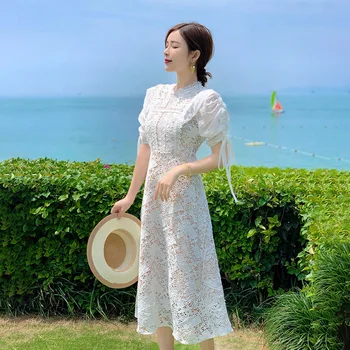 Balta Vasaros Nėriniai Kratinys Suknelė Korėjos Aukšto Juosmens Nėrinių Tuščiaviduriai Iš Šalies Suknelė Elegantiškas O-Kaklo Ilgai Midi Suknelė-Line C256