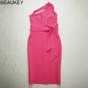 BEAUKEY 2020 m Sexy Iregular Apynasrio Tvarstis Suknelė Bodycon Moterų Hot Pink Varčias Suknelė Šalies Klubas Kelio Ilgis Vestido
