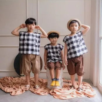 Berniukų, Mergaičių Medvilnės Skalbiniai Plaid Marškinėliai Kūdikių Mergaičių Palaidinė Viršūnės Vaikai Japonija Korėja Kišenėje Marškinėliai Vaikams Drabužių 2021 Metų Pavasarį, Vasarą