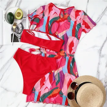 Brazilijos 3 dalių tinklelio maudymosi kostiumėlį push up Bandeau bikini komplektas Aukšto juosmens maudymosi kostiumėliai moterų Paplūdimio drabužiai Colorblock spausdinti maudymosi kostiumas