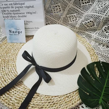 Bucket hat apvalus kupolas viršų bowknot didelis kraštų vasaros moterų skrybėlės chaki balto smėlio paplūdimys, apsauga nuo saulės, šiaudų saulės skrybėlės gorra mujer