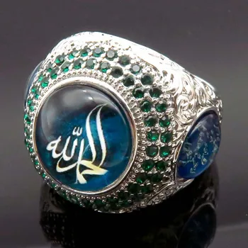 Derliaus Punk Žiedas Vyrams Papuošalai Musulmonų Arabų Dievas Pranešimą Piršto Žiedą Prabanga, Didelis Apvalus Žalia Mėlyna Akmuo Geros Kokybės Žiedai
