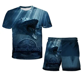Dinozaurą T-Shirt Nustatyti Berniukų Marškinėliai Nustatyti Vasaros Vaikai Nustatyti 3D Spausdinami Dinozaurų Modelis Berniukų ir Mergaičių Sporto Rinkinį