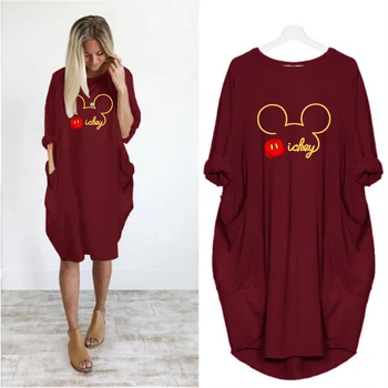 Disney Mickey Moterų Suknelės, Paprasta Spausdinti Vestidos Kišenę Laisvus Ilgomis Rankovėmis Derliaus Šalis Atsitiktinis Midi Suknelė Rūbeliai Femme