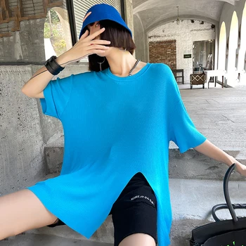 [EAM] Moterys, Mėlyna Didelis Dydis Atsitiktinis Nesimetriškas Ritininės Mezgimo T-shirt Apvalus Kaklas Trumpas Rankovės Mados Pavasario Vasaros 2021 1DD7980