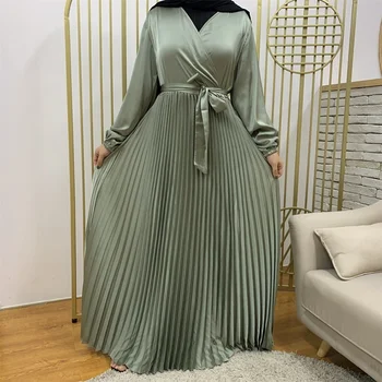 Eid Satino Suknelė, Hijab Abaja Moterų Mados Surplice Iškirpte ilgomis Rankovėmis Diržo Plisuotos Suknelės, Musulmonų ir Islamo 