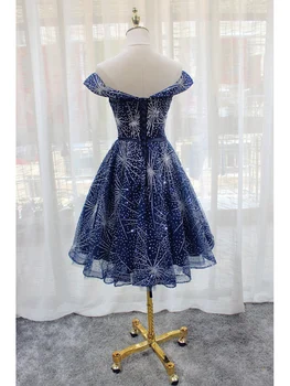 Elegantiškas Off Peties Tamsiai Mėlyna Bridesmaid Dresses Trumpas Bridesmaid Suknelę 2021 Naują Atvykimo Tiulio su Blizgančiais