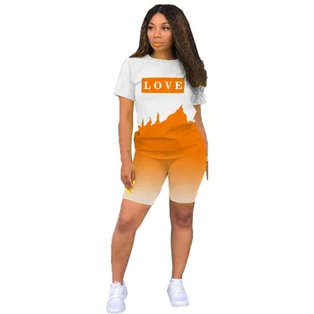 Flamme laiškas spausdinti marškinėliai+šortai 2 gabalas rinkinių, moterų apranga Orange blue dviratininkas šortai 2 dalių komplektas 2021 ansamblis bėgiojimas femme
