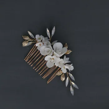 Floralbride Rankų Darbo Ins Stiliaus Ceram Gėlių Lydinio Lapų Kristalų, Perlų Vestuvių Plaukų Šukos Vestuvių Plaukų Aksesuarai Moterims, Papuošalai