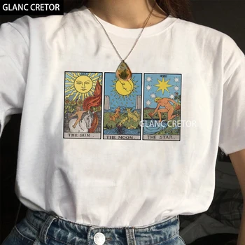 Harajuku Atsitiktinis Punk Viršuje Gotikos Trumpas Rankovės Vintage Mados Sun Moon Star Taro Kortos T-Shirt Moterų Mielas Print T-Shirt