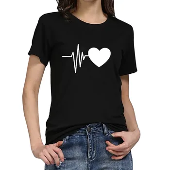 Harajuku Marškinėliai Moterims 2021 M. Vasarą Kawaii Drabužiai Moterims Prarasti trumparankoviai Širdies Print T-shirt O-kaklo Viršų Camisetas De Mujer