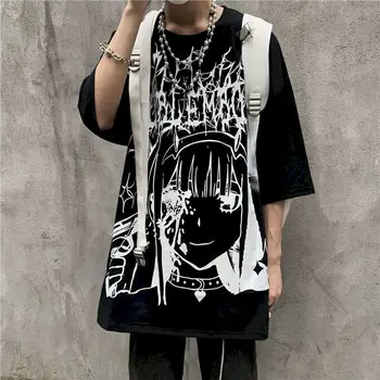 Hip-hop Tamsiai Manga Anime Drabužiai, Marškinėliai Vyrams, Moterims, Harajuku Gotikos Unisex Viršūnes Tee Prarasti Negabaritinių marškinėliai alternatyvių drabužių