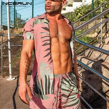 INCERUN Spausdinimo Vyrų Havajų Rinkiniai Vasaros trumpomis Rankovėmis Mygtuką Marškinėliai Paplūdimio Šortai 2021 Streetwear Atsitiktinis Mens Kostiumas 2 Gabalus S-5XL