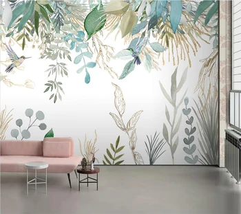 Individualizuotos fono paveikslėlį 3D Šiaurės ranka-dažytos mažų šviežių tropinių augalų lapų, žiedų ir paukščių freskomis kambarį fono sienos