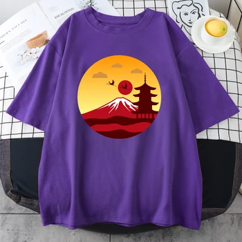 Japonija Palace Stiliaus Saulėlydžio Fuji Kalnų Spausdinti Marškinėliai Hip-Hop Brand T-shirt Mados Kokybės Viršūnes Crewneck Vasaros Moterų Tshirts