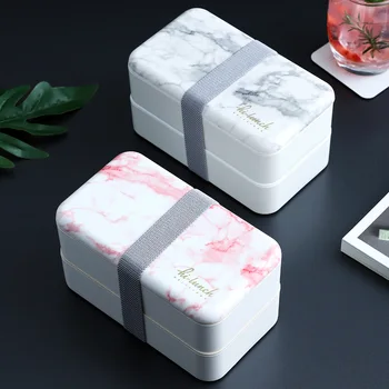 Japonijos Dvigubo Sluoksnio Priešpiečių Dėžutė Marmuro Modelis Bento Box Mikrobangų Lunchbox Studentų Biuro Darbuotojas, Stačiakampio Maisto Konteinerį