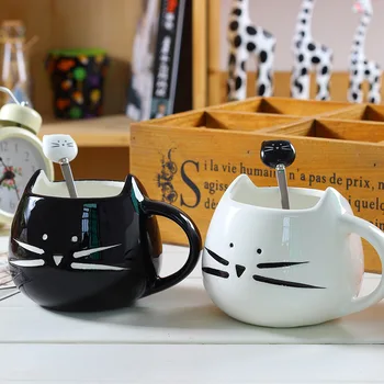 Keramikos Cute Kačių Puodelius Su Šaukštu Kavos, Arbatos, Pieno Gyvūnų Puodeliai Su Rankena 
