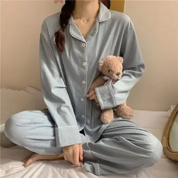 Korėjiečių Namų Kostiumai Pižama Moteris Vasarą ilgomis Rankovėmis Ansamblis Pyjama Femme Paprasta vientisa Spalva Pijamas Rinkiniai Ponios Sleepwear