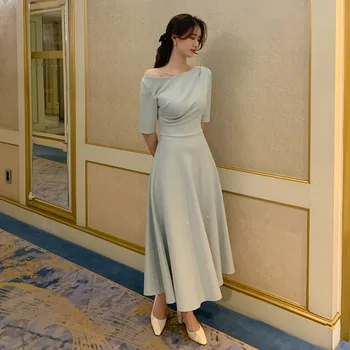 Korėjos Elegantiškas Vientisas Lady Suknelė Vasaros 2021 Elegantiškas, Seksualus Off-The-Pečių Vienas-Kaklo-Line Midi Kietas Atsitiktinis Suknelė Šalis Suknelė