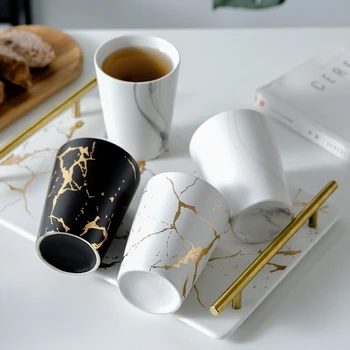 Kūrybos Baltos Keramikos Kavos Puodeliai Juodos spalvos Emalio Geriamojo Puodeliai Arbatos Sultys, Pienas, Alus, Namų apyvokos Drinkware Su Aukso Modelis