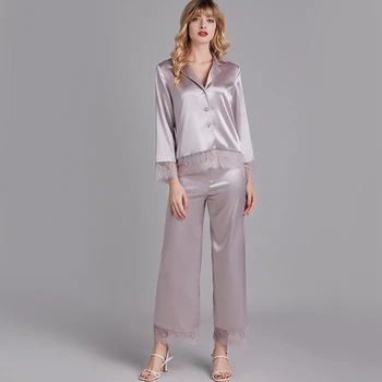 LIEPOS DAINA Elegantiškas Dėmių Šilko Moteris Pižama Komplektas 2 vnt Pavasario Vasaros Sleepwear Sexy Nėrinių Pižama ilgomis Rankovėmis V-kaklo, Homewear