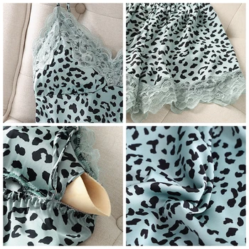 LIEPOS DAINA Leopard Pižama Nustatyti Dirbtiniais Šilko Moterų Sexy Nėrinių Vasaros Sleepwear Diržas ir Šortai Satino Lady Pižamos Homewear
