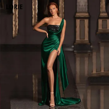 LORIE Smaragdas Žalia Vakaro Suknelės Vienos Pečių China Satino Aukšto Pusėje Padalyti ilgalaikės Formalios Undinė Promenadzie Suknelė Elegantiškas Šalis Suknelė