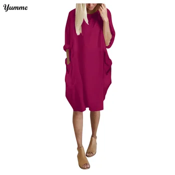 Mados Atsitiktinis Vidutinio ilgio Suknelė 2021 M. Vasarą Plius Dydis Moterų Drabužių Kišenėje ilgomis Rankovėmis Kietas Suknelės Atsitiktinis Marškinėliai Suknelė #BL3