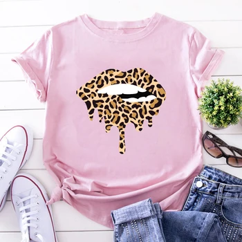 Mados Vasaros Harajuku Topai Marškinėliai Moterims Naujus Marškinius Lūpų Leopard Grafinis Mielos Moterys T-shirt Moterų Tee Marškinėliai Tee Mergaitės